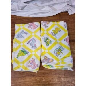 (2) Vintage Riegel Yellow‎ Baby Receiving Blankets Bunnies Chicks Kittens Boats